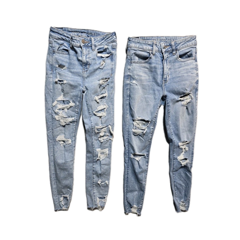 American Eagle Women's Jeans Hirise Jegging  4 Short Distressed Blue Lot Of 2